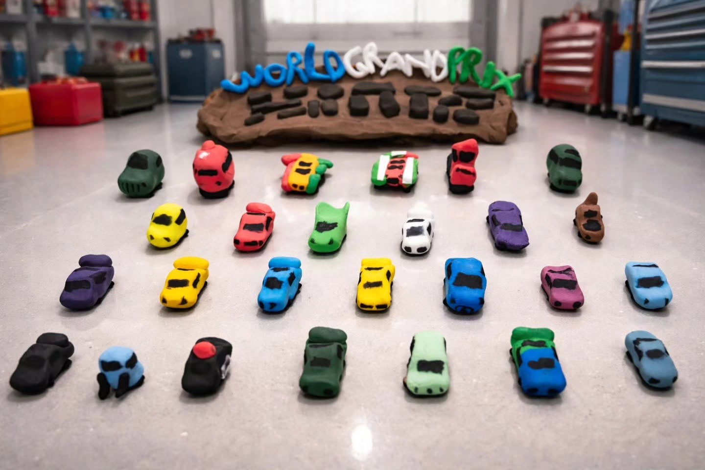 A colorful collection of handmade clay race cars